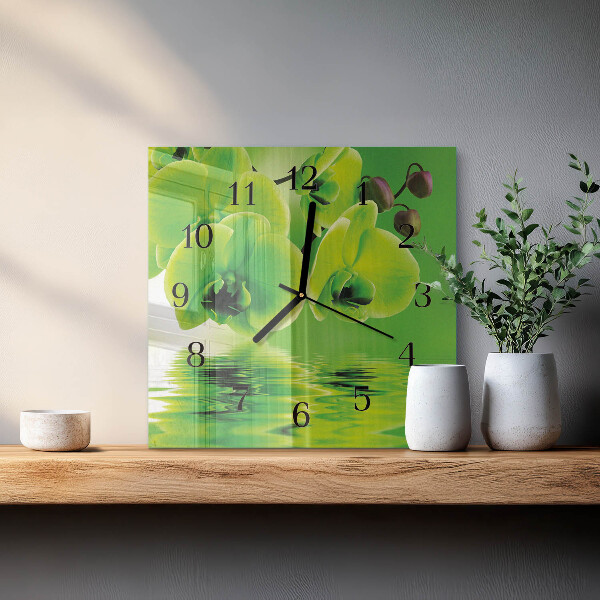 Vierkante glazen wandklok Orchidee