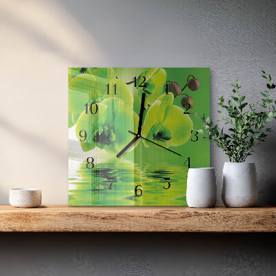 Vierkante glazen wandklok Orchidee
