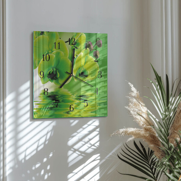 Vierkante glazen wandklok Orchidee