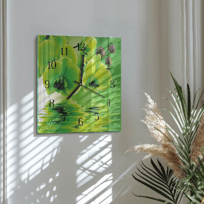 Vierkante glazen wandklok Orchidee