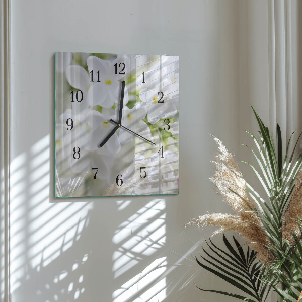 Vierkante glazen wandklok Bloemen