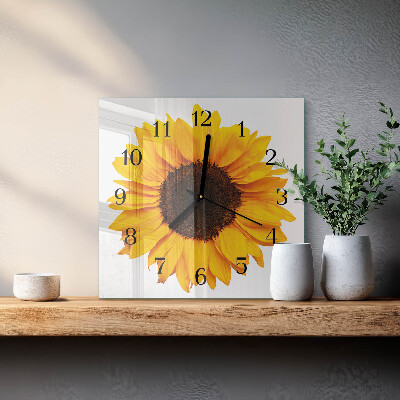 Vierkante glazen wandklok Zonnebloem