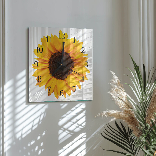 Vierkante glazen wandklok Zonnebloem