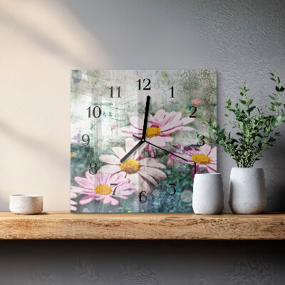 Vierkante glazen wandklok Bloemen