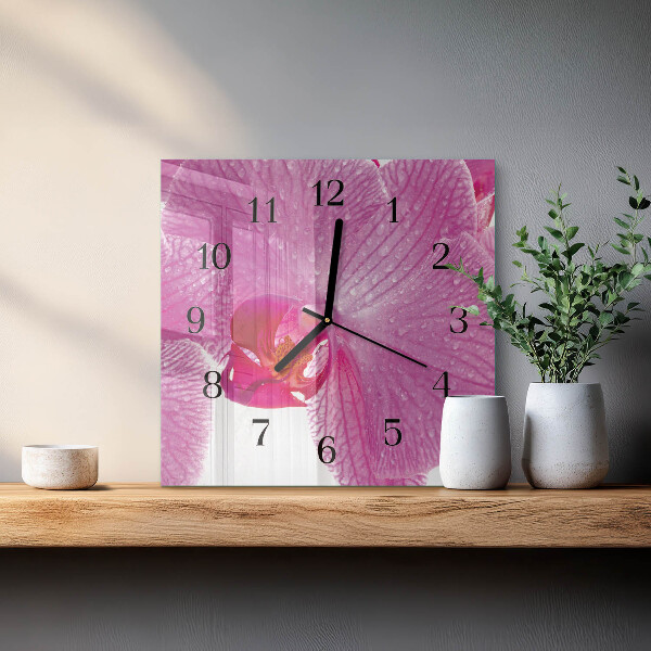 Vierkante glazen wandklok Orchidee