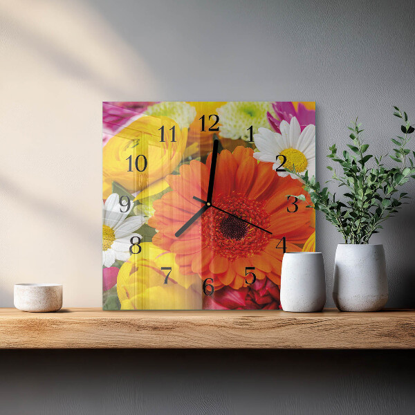 Vierkante glazen wandklok Bloemen