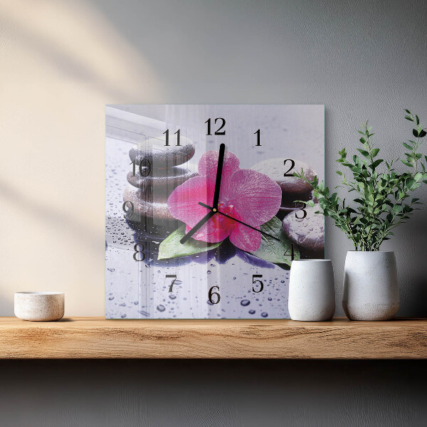 Vierkante glazen wandklok Orchidee