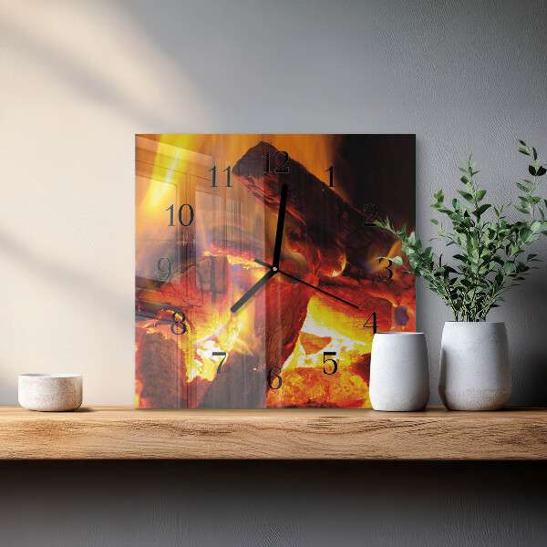 Vierkante glazen wandklok Vuur