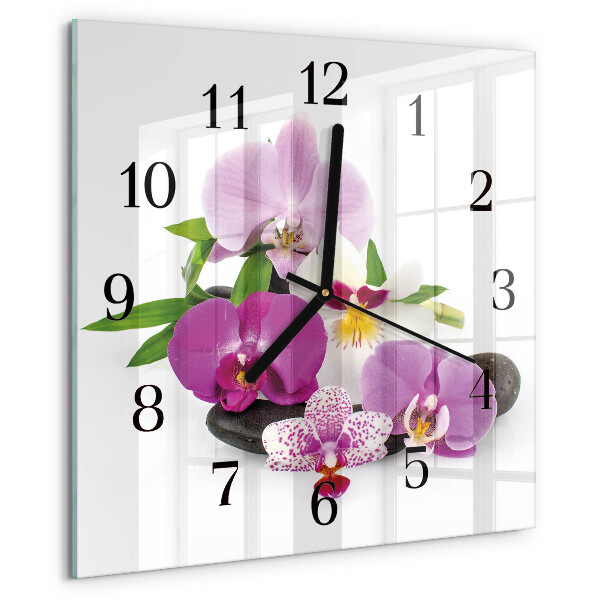 Vierkante glazen wandklok Orchidee
