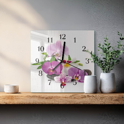 Vierkante glazen wandklok Orchidee