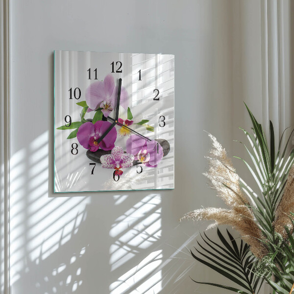 Vierkante glazen wandklok Orchidee