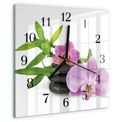 Vierkante glazen wandklok Orchidee