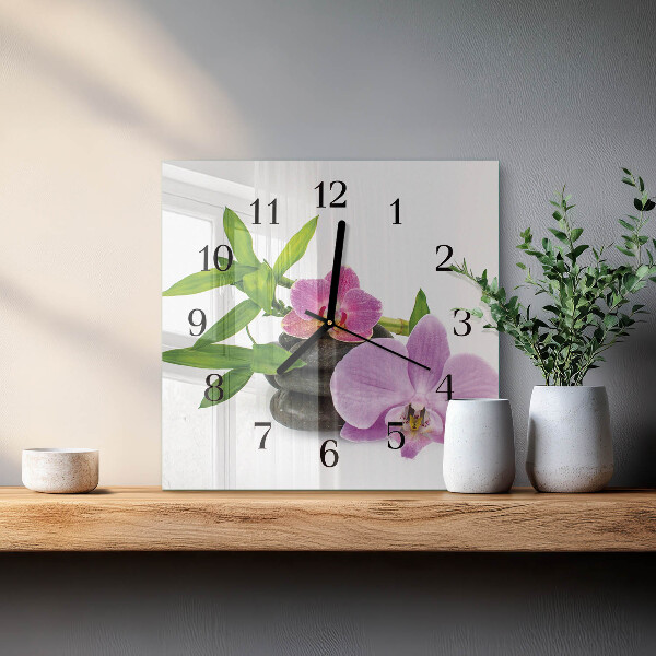 Vierkante glazen wandklok Orchidee