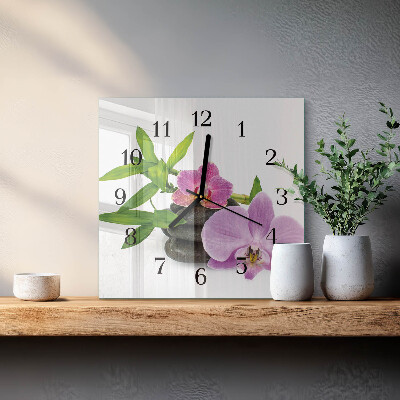 Vierkante glazen wandklok Orchidee