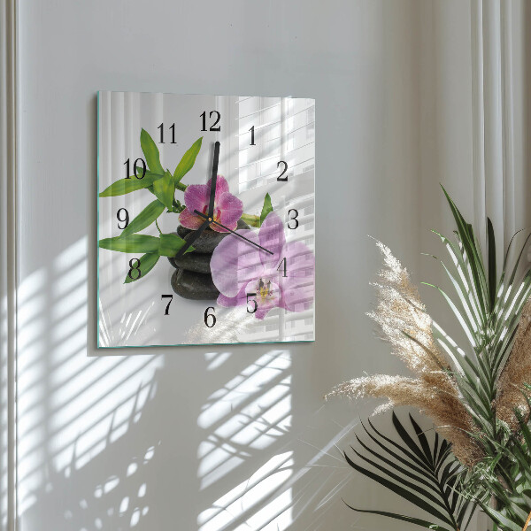 Vierkante glazen wandklok Orchidee