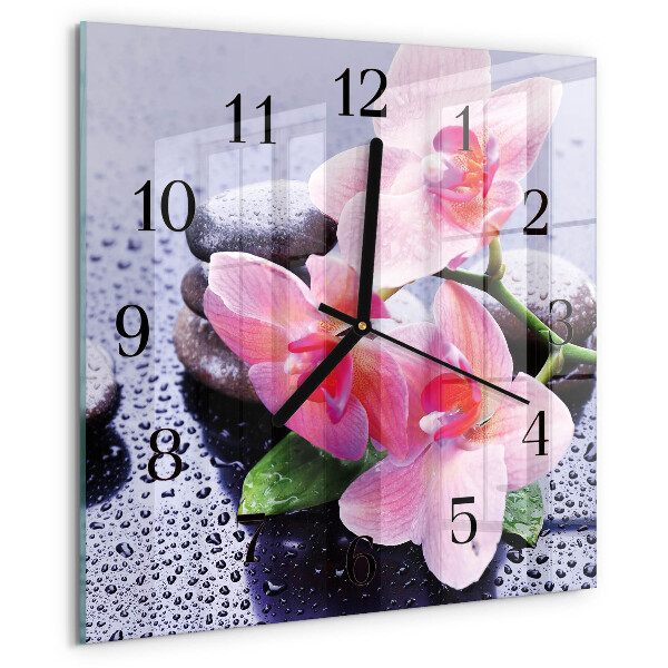 Vierkante glazen wandklok Orchidee
