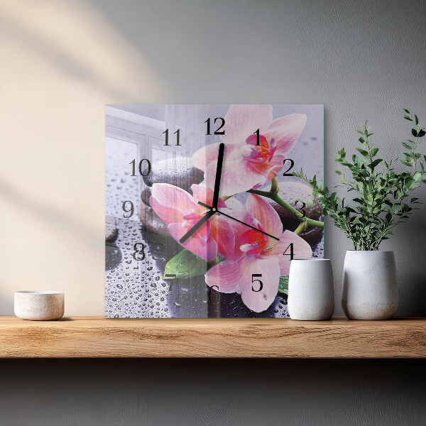 Vierkante glazen wandklok Orchidee