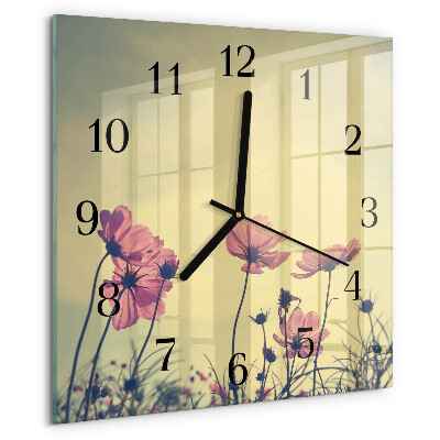 Vierkante glazen wandklok Bloemen
