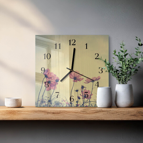 Vierkante glazen wandklok Bloemen