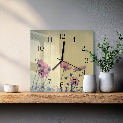 Vierkante glazen wandklok Bloemen