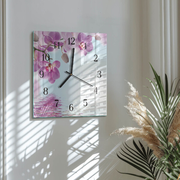 Vierkante glazen wandklok Orchidee