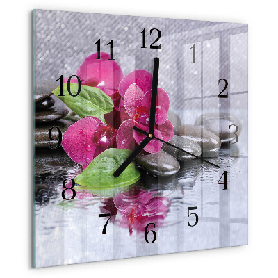 Vierkante glazen wandklok Orchidee