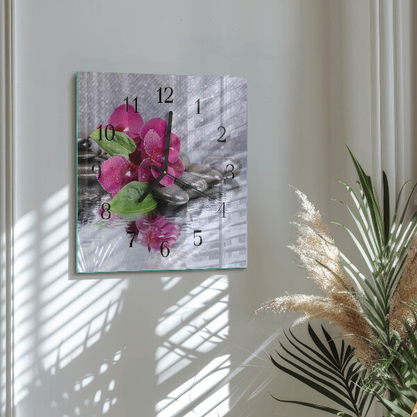 Vierkante glazen wandklok Orchidee
