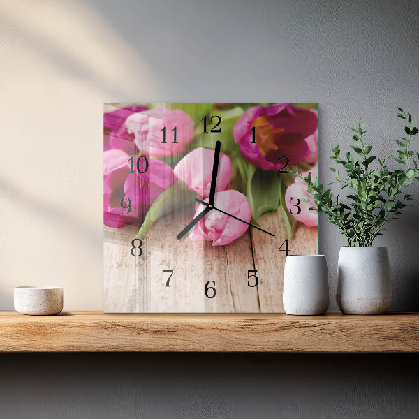Vierkante glazen wandklok Tulpen