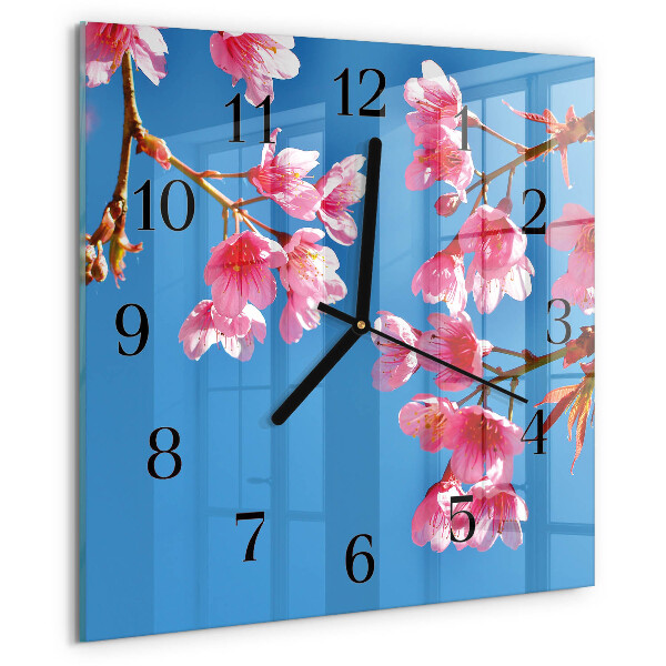 Vierkante glazen wandklok Bloemen
