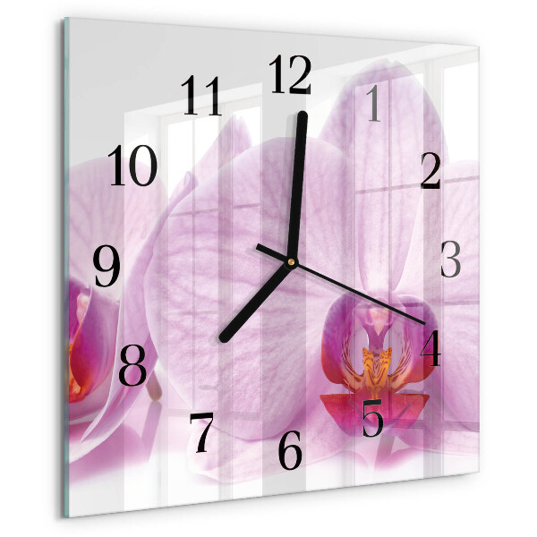 Vierkante glazen wandklok Orchidee