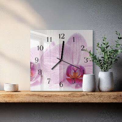 Vierkante glazen wandklok Orchidee