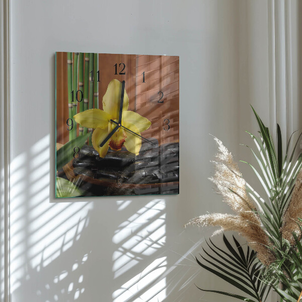 Vierkante glazen wandklok Bamboe-orchidee