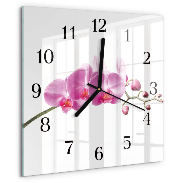 Vierkante glazen wandklok Orchidee