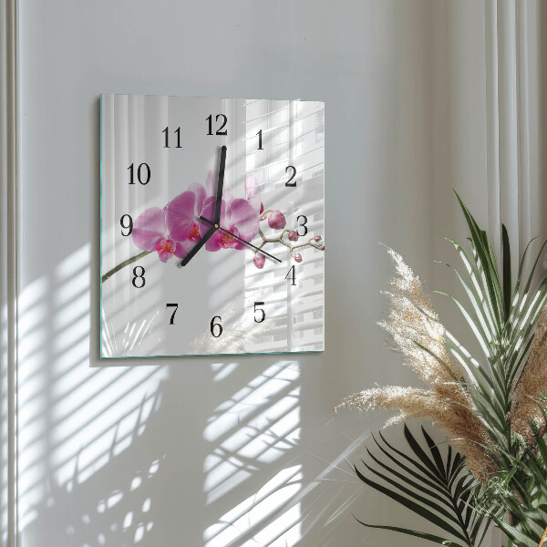 Vierkante glazen wandklok Orchidee