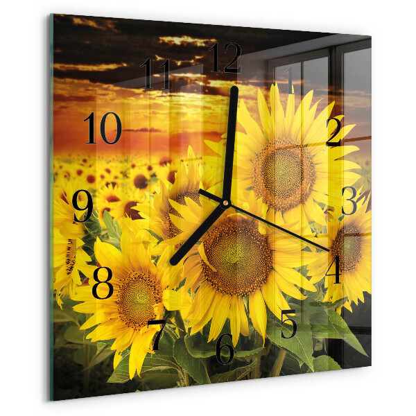 Vierkante glazen wandklok Zonnebloemen
