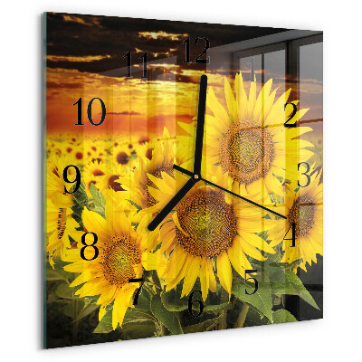 Vierkante glazen wandklok Zonnebloemen