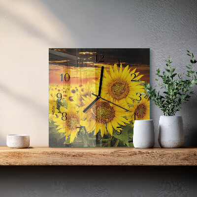 Vierkante glazen wandklok Zonnebloemen