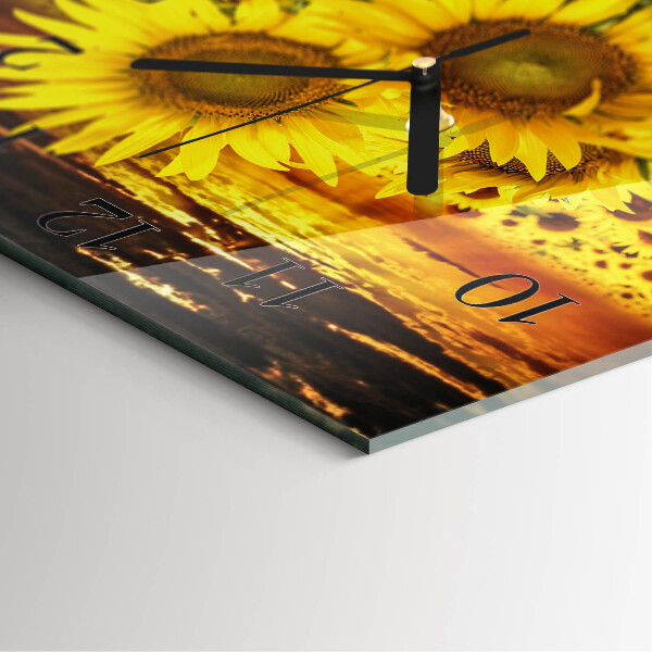 Vierkante glazen wandklok Zonnebloemen