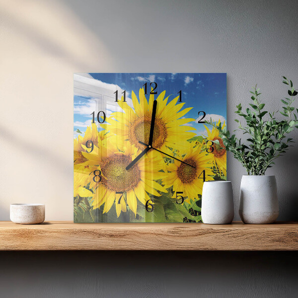 Vierkante glazen wandklok Zonnebloemen