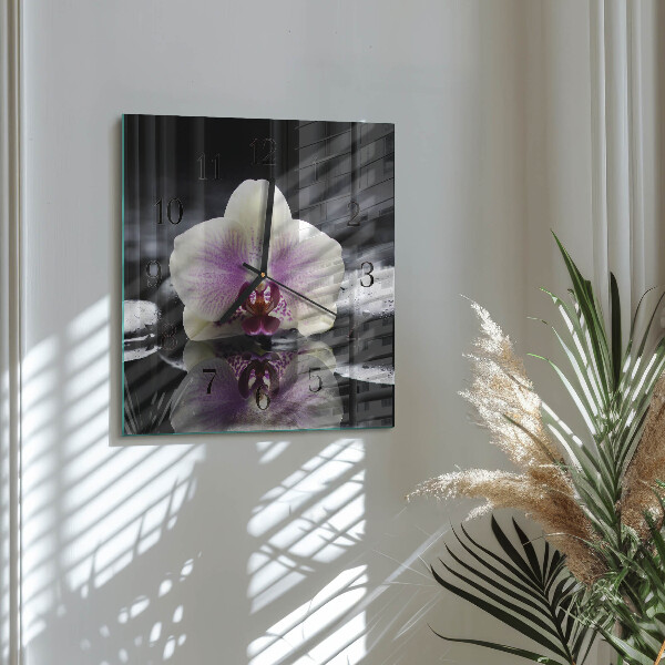 Vierkante glazen wandklok Orchidee