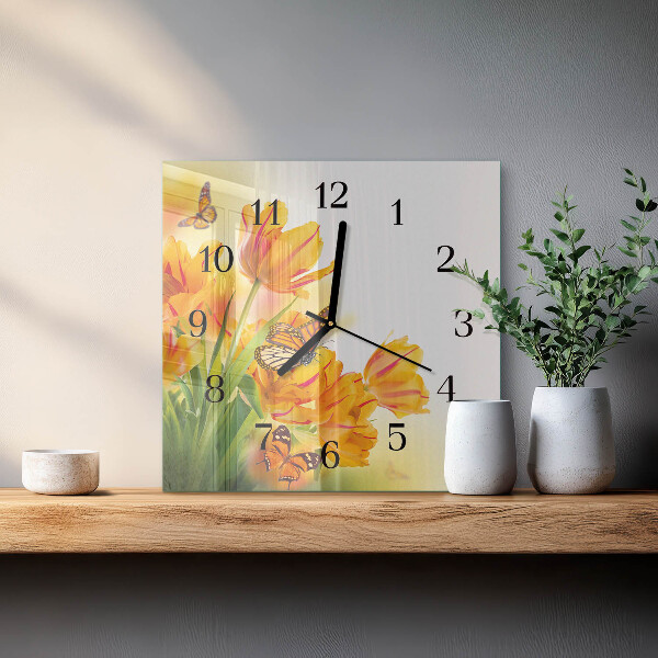 Vierkante glazen wandklok Tulpen