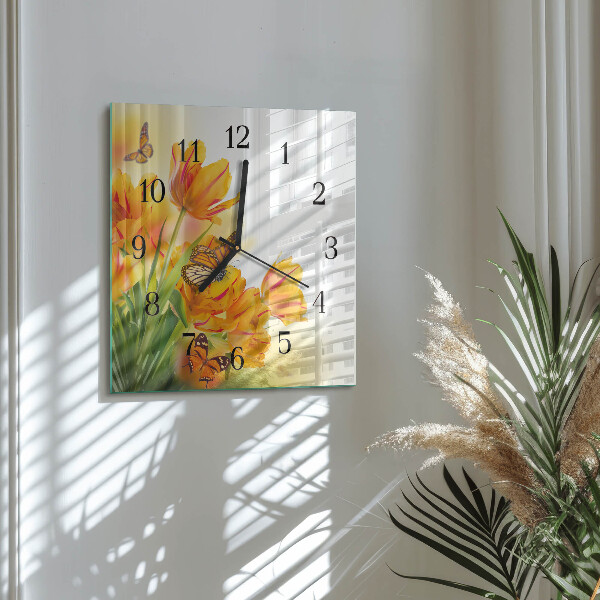 Vierkante glazen wandklok Tulpen