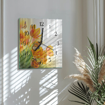 Vierkante glazen wandklok Tulpen