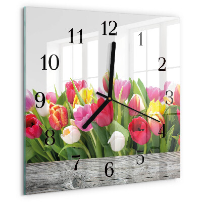 Vierkante glazen wandklok Tulpen