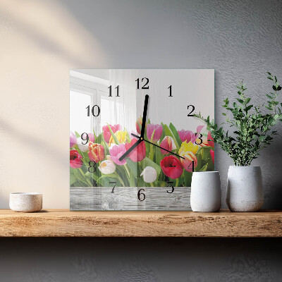 Vierkante glazen wandklok Tulpen