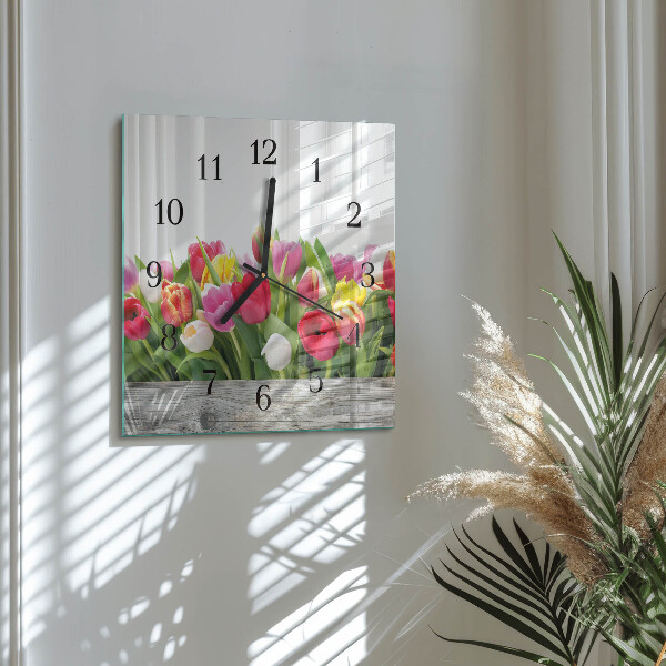 Vierkante glazen wandklok Tulpen