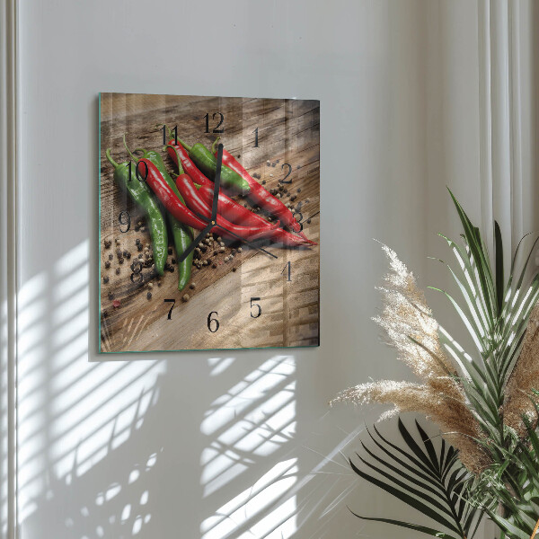 Vierkante glazen wandklok Chilipepers