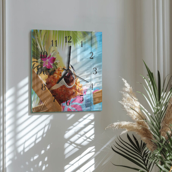 Vierkante glazen wandklok Ananas