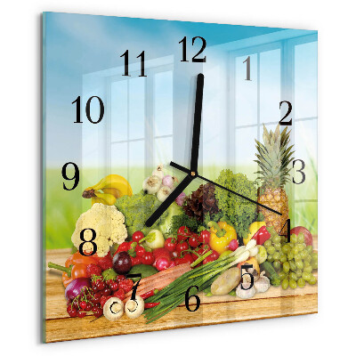 Vierkante glazen wandklok Groenten en fruit