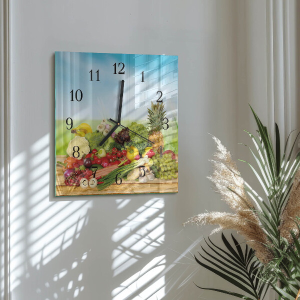 Vierkante glazen wandklok Groenten en fruit